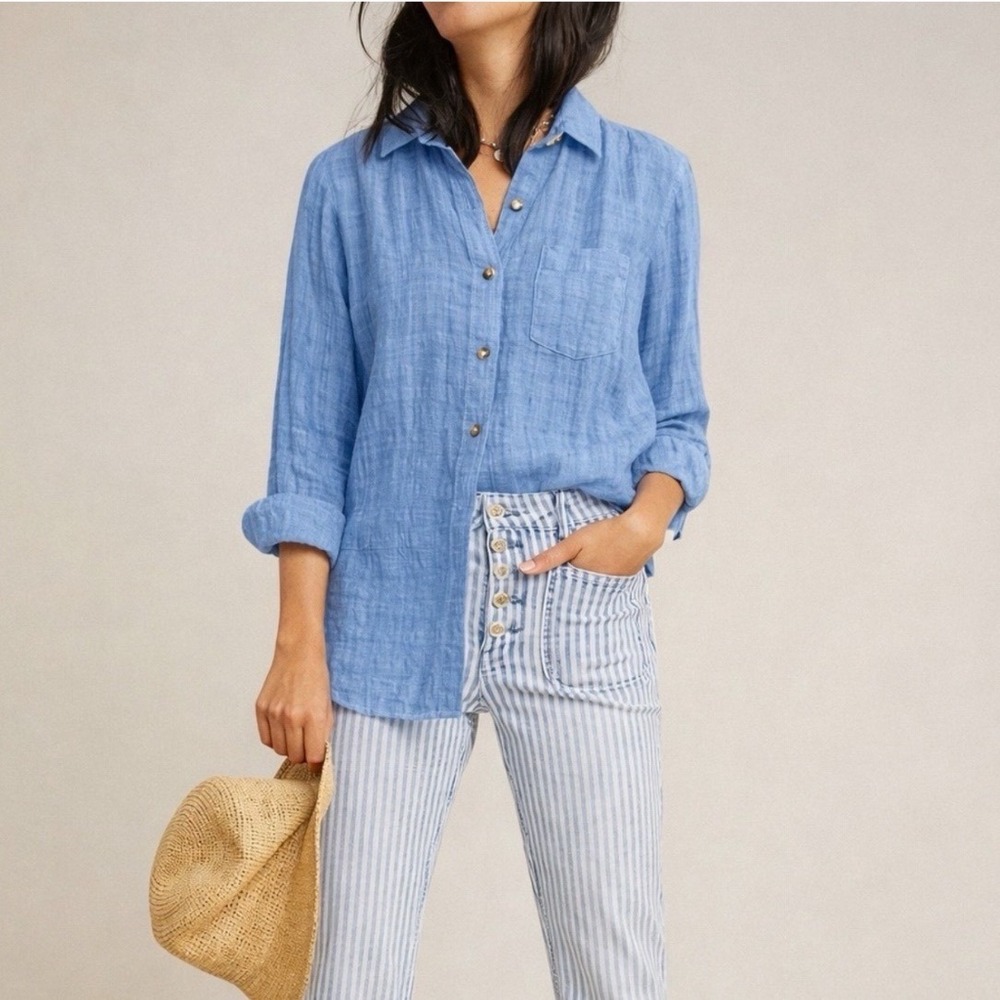Pilcro and the Letterpress Anthropologie Blue Linen Cotton Button Down Shirt 6